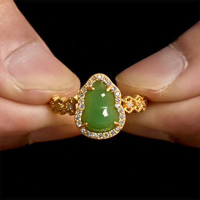 Buddha Stones Vintage Gourd Green Chalcedony Copper Plated Gold Adjustable Wealth Ring - image 8