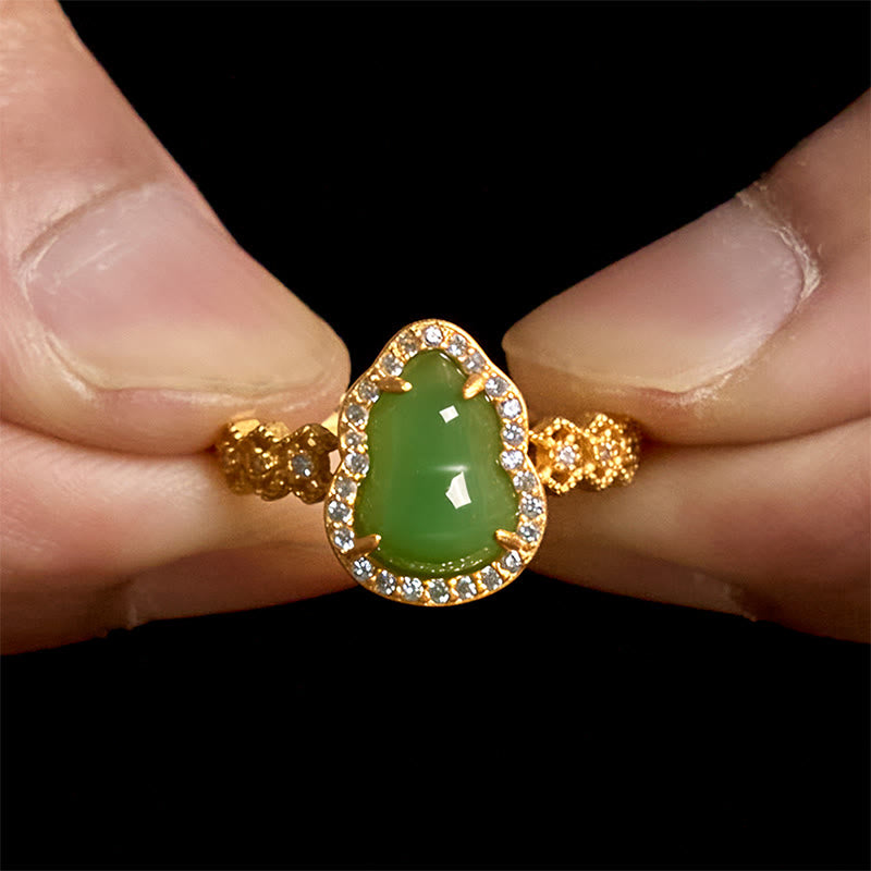Buddha Stones Vintage Gourd Green Chalcedony Copper Plated Gold Adjustable Wealth Ring - image 8