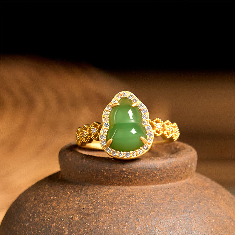 Buddha Stones Vintage Gourd Green Chalcedony Copper Plated Gold Adjustable Wealth Ring - Green Chalcedony(Adjustable) - image 1