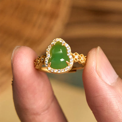 Buddha Stones Vintage Gourd Green Chalcedony Copper Plated Gold Adjustable Wealth Ring - image 10