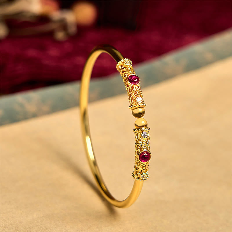 Buddha Stones Golden Flower Pattern Red Zircon Amber Copper Luck Cuff Bracelet Bangle - 60mm - image 1