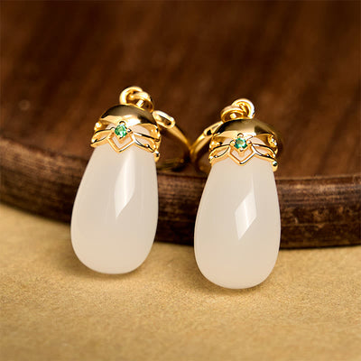 Buddha Stones Green Chalcedony Water Drop Strength Copper Posts Earrings - image 25