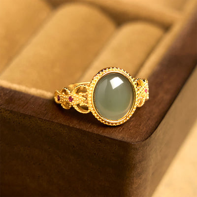 Buddha Stones Natural 925 Sterling Silver Plated Gold Hollow Design Jade Luck Ring - image 11