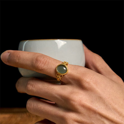 Buddha Stones Natural 925 Sterling Silver Plated Gold Hollow Design Jade Luck Ring - image 17