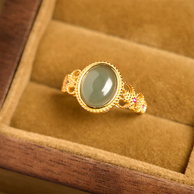 Buddha Stones Natural 925 Sterling Silver Plated Gold Hollow Design Jade Luck Ring - image 12