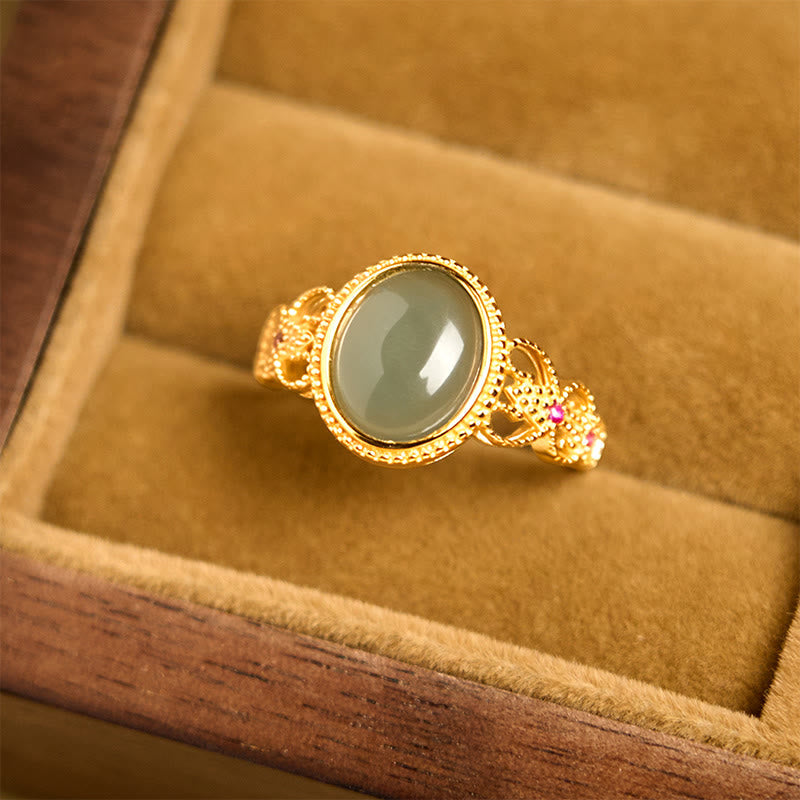 Buddha Stones Natural 925 Sterling Silver Plated Gold Hollow Design Jade Luck Ring - image 12