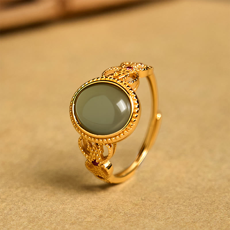Buddha Stones Natural 925 Sterling Silver Plated Gold Hollow Design Jade Luck Ring - image 9