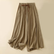 Foviel Casual Side Slits Design Baumwolle Leinen Damen weites Bein 7-8 Länge Hose mit Taschen