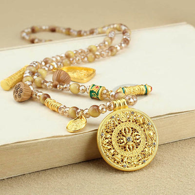 Buddha Stones Tibetan Lotus Round Plate Golden Tiger Eye Beads Necklace Pendant - Eight Treasures Round Plate - image 1