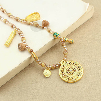 Buddha Stones Tibetan Lotus Round Plate Golden Tiger Eye Beads Necklace Pendant - image 2