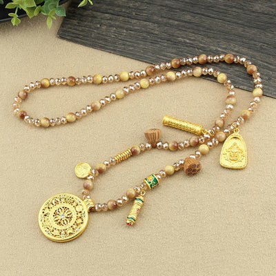 Buddha Stones Tibetan Lotus Round Plate Golden Tiger Eye Beads Necklace Pendant - image 4