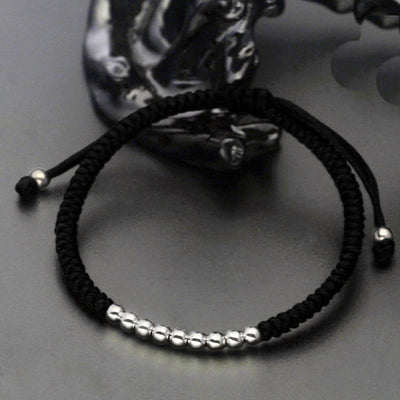 Buddha Stones Retro 925 Sterling Silver Simple Beads Knot Design Luck String Bracelet - 925 Sterling Silver(Wrist Circumference: 15-22cm) - Black - image 2