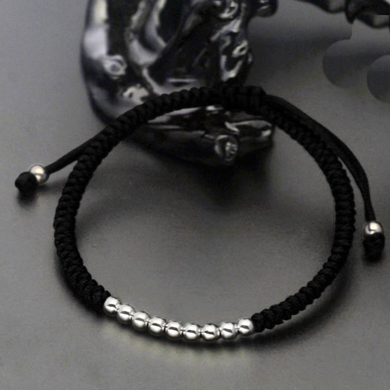 Buddha Stones Retro 925 Sterling Silver Simple Beads Knot Design Luck String Bracelet - 925 Sterling Silver(Wrist Circumference: 15-22cm) - Black - image 2