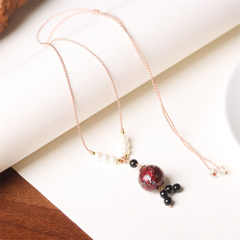 Buddha Stones Ebony Wood Aurora Lacquer Craft Bead Pearl Balance Necklace Pendant - image 2