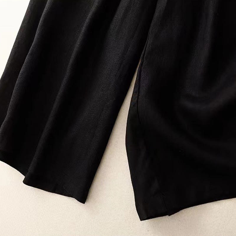 Buddha Stones Casual Solid Color One Button Cotton Linen Women's Wide Leg Pants With Pockets - image 9