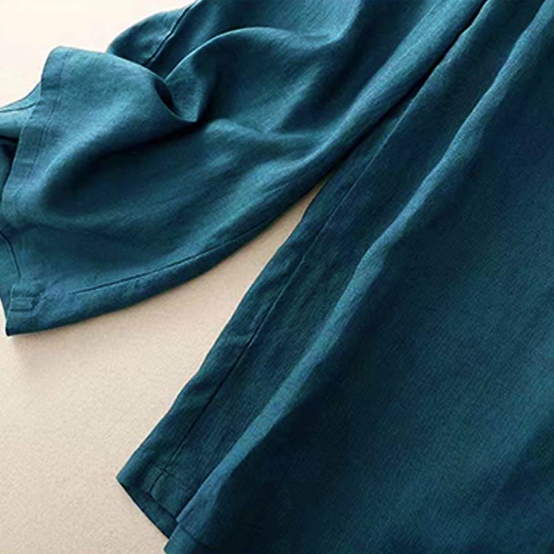 Buddha Stones Casual Solid Color One Button Cotton Linen Women's Wide Leg Pants With Pockets - image 27
