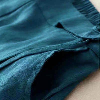 Buddha Stones Casual Solid Color One Button Cotton Linen Women's Wide Leg Pants With Pockets - image 24