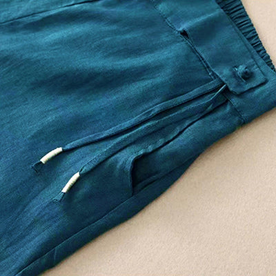 Buddha Stones Casual Solid Color One Button Cotton Linen Women's Wide Leg Pants With Pockets - image 30