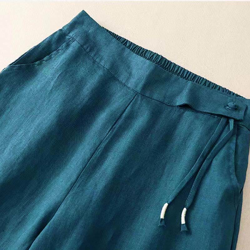 Buddha Stones Casual Solid Color One Button Cotton Linen Women's Wide Leg Pants With Pockets - image 29