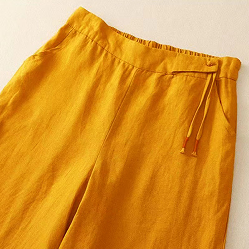Buddha Stones Casual Solid Color One Button Cotton Linen Women's Wide Leg Pants With Pockets - image 2