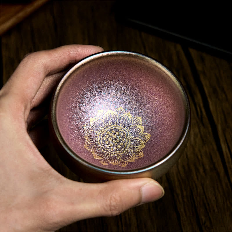 Buddha Stones Handmade Chinese Jianzhan Golden Lotus Flower Ceramic Teacup Kung Fu Tea Cup 150ml - image 4
