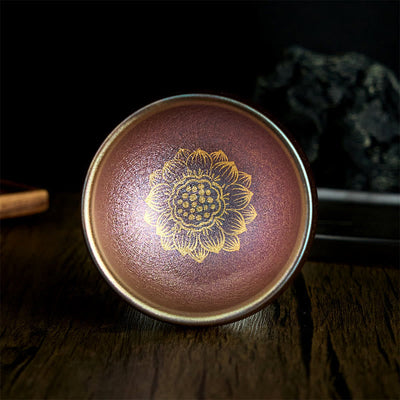 Buddha Stones Handmade Chinese Jianzhan Golden Lotus Flower Ceramic Teacup Kung Fu Tea Cup 150ml - 9cm*150ml - image 1
