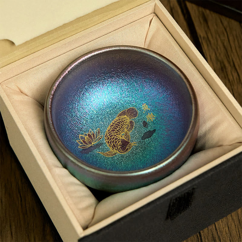 Buddha Stones Handmade Chinese Jianzhan Koi Fish Lotus Leaf Ceramic Teacup Kung Fu Tea Cup 150ml - Blue Gold Koi Fish 8.8cm*5.5cm*150ml - Gift Box - image 15