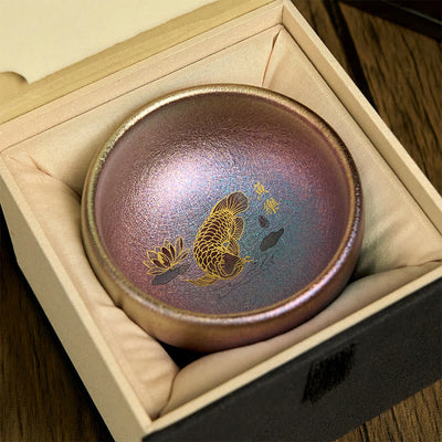 Buddha Stones Handmade Chinese Jianzhan Koi Fish Lotus Leaf Ceramic Teacup Kung Fu Tea Cup 150ml - Purple Gold Koi Fish 8.8cm*5.5cm*150ml - Gift Box - image 24