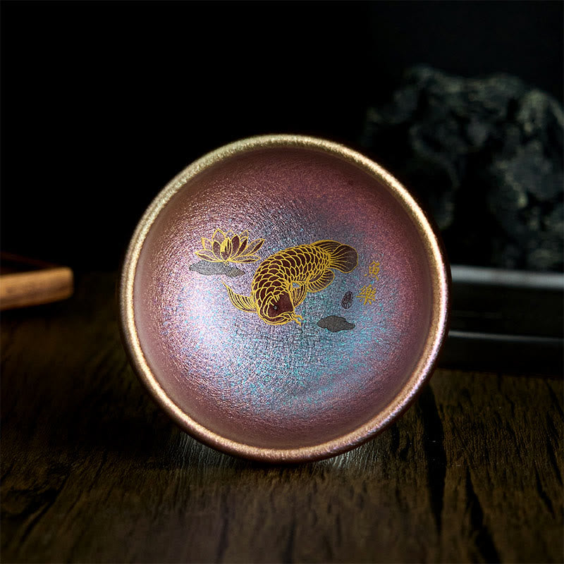 Buddha Stones Handmade Chinese Jianzhan Koi Fish Lotus Leaf Ceramic Teacup Kung Fu Tea Cup 150ml - Purple Gold Koi Fish 8.8cm*5.5cm*150ml - Without Gift Box - image 20