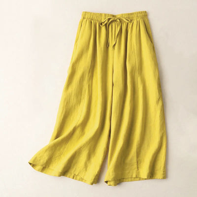 Buddha Stones Plain Color 7-8 Length Capri Cropped Pants Cotton Linen Women's Wide Leg Pants With Pockets - Gold - US12，UK/AU16，EU44 (3XL) - image 0