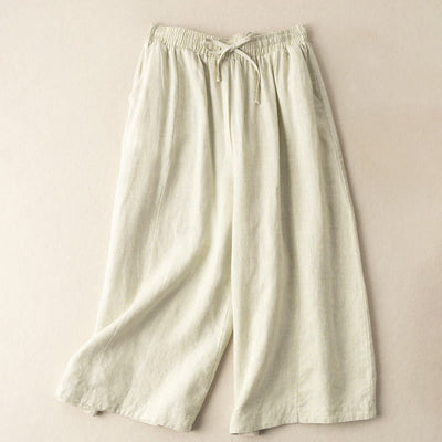 Buddha Stones Plain Color 7-8 Length Capri Cropped Pants Cotton Linen Women's Wide Leg Pants With Pockets - image 22