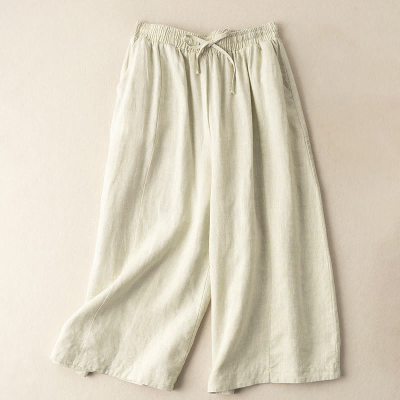 Buddha Stones Plain Color 7-8 Length Capri Cropped Pants Cotton Linen Women's Wide Leg Pants With Pockets - image 22