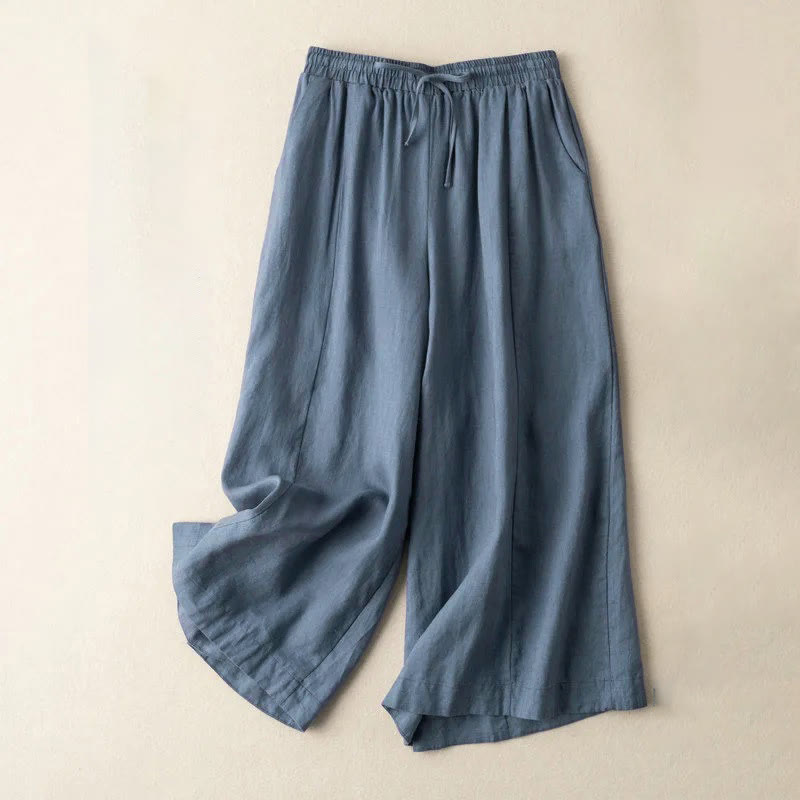 Buddha Stones Plain Color 7-8 Length Capri Cropped Pants Cotton Linen Women's Wide Leg Pants With Pockets - SteelBlue - US12，UK/AU16，EU44 (3XL) - image 26