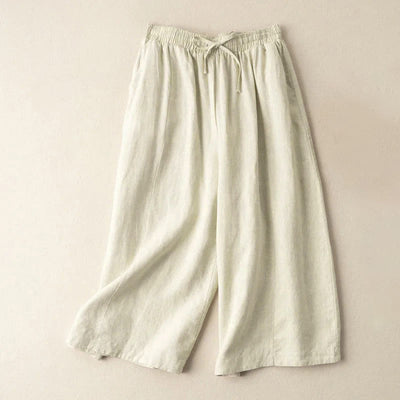 Buddha Stones Plain Color 7-8 Length Capri Cropped Pants Cotton Linen Women's Wide Leg Pants With Pockets - Beige - US12，UK/AU16，EU44 (3XL) - image 21