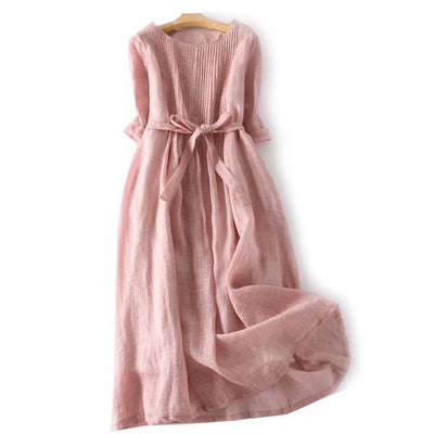 Buddha Stones Casual Lace-up Plain Crew Neck Half Sleeve Cotton Midi Dress With Pockets - LightPink - US12，UK/AU16，EU44 (3XL) - image 1