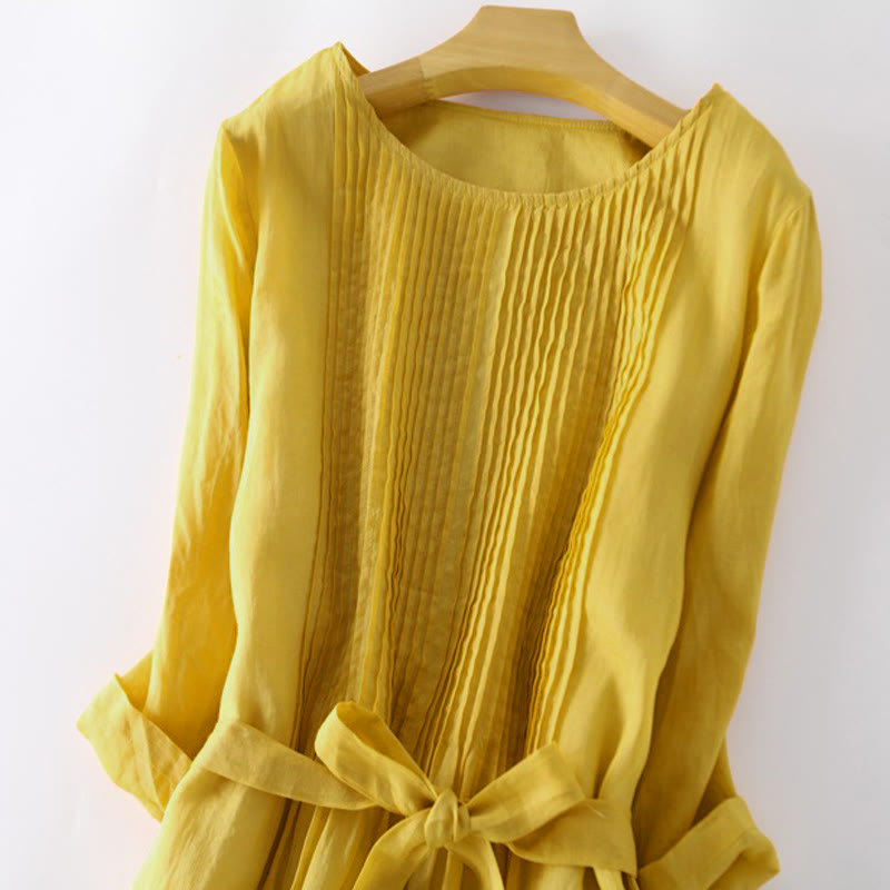 Buddha Stones Casual Lace-up Plain Crew Neck Half Sleeve Cotton Midi Dress With Pockets - image 11