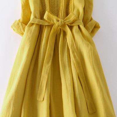 Buddha Stones Casual Lace-up Plain Crew Neck Half Sleeve Cotton Midi Dress With Pockets - image 13