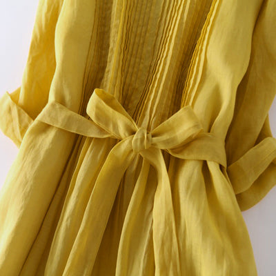 Buddha Stones Casual Lace-up Plain Crew Neck Half Sleeve Cotton Midi Dress With Pockets - image 9