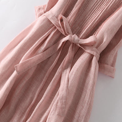 Buddha Stones Casual Lace-up Plain Crew Neck Half Sleeve Cotton Midi Dress With Pockets - image 3