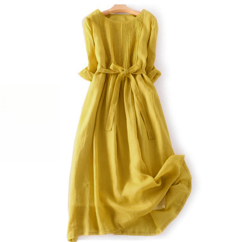 Buddha Stones Casual Lace-up Plain Crew Neck Half Sleeve Cotton Midi Dress With Pockets - Gold - US12，UK/AU16，EU44 (3XL) - image 6
