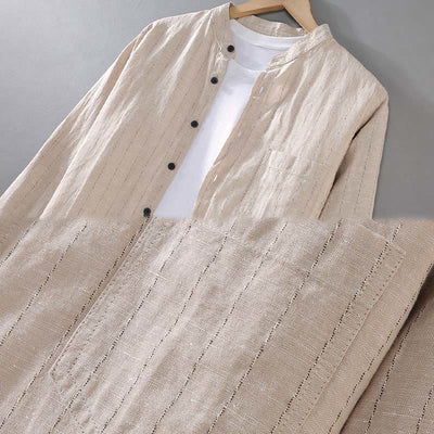 Buddha Stones Daily Tang Suit Men's Striped Pattern Cotton Linen Long Sleeve Shirt - image 6