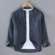 Foviel Daily Tang Suit Men's Striped Pattern Cotton Linen Long Sleeve Shirt