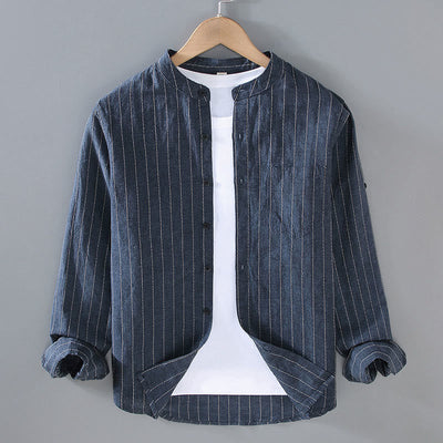 Buddha Stones Daily Tang Suit Men's Striped Pattern Cotton Linen Long Sleeve Shirt - MidnightBlue - US/UK/AU42，EU52 (3XL) - image 0