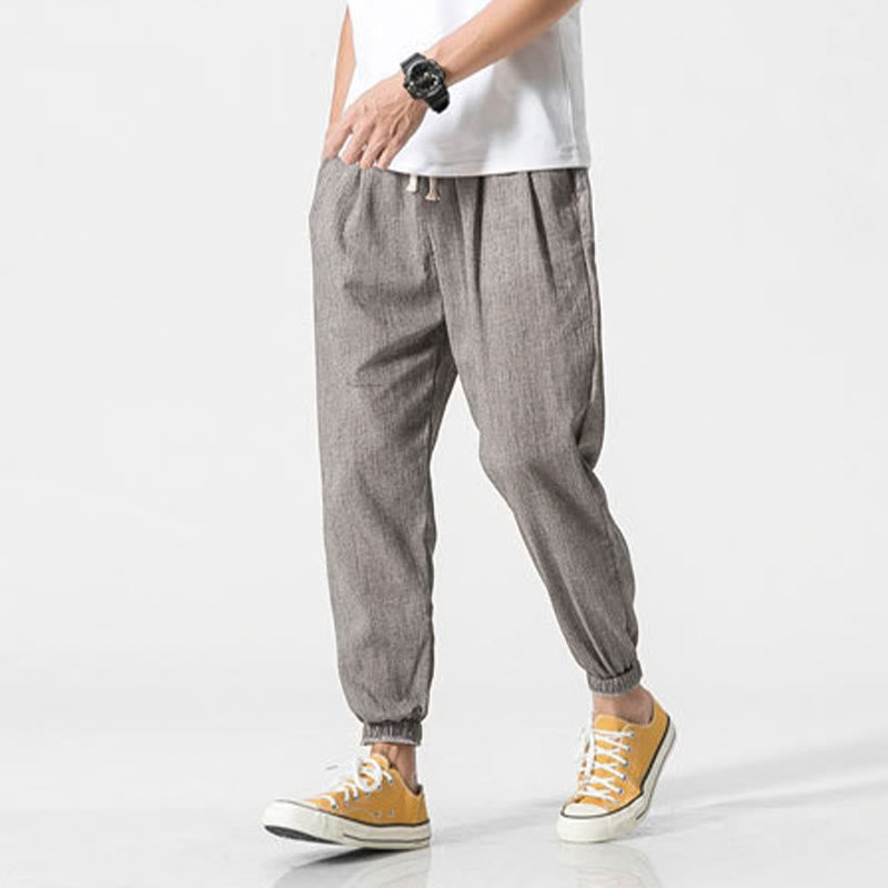 Buddha Stones Simple Drawstring Design Linen Men's Pants With Pockets - image 8
