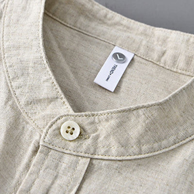 Buddha Stones Men's Long Sleeve Stand Collar With Pocket Pure Color Casual Cotton Linen Shirt - image 1