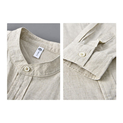 Buddha Stones Men's Long Sleeve Stand Collar With Pocket Pure Color Casual Cotton Linen Shirt - image 3