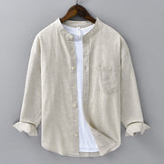 Foviel Men's Long Sleeve Stand Collar With Pocket Pure Color Casual Cotton Linen Shirt