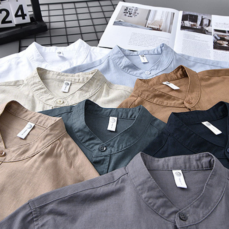Buddha Stones Men's Long Sleeve Stand Collar With Pocket Pure Color Casual Cotton Linen Shirt - image 4