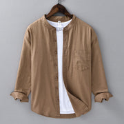 Foviel Men's Long Sleeve Stand Collar With Pocket Pure Color Casual Cotton Linen Shirt