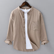Foviel Men's Long Sleeve Stand Collar With Pocket Pure Color Casual Cotton Linen Shirt